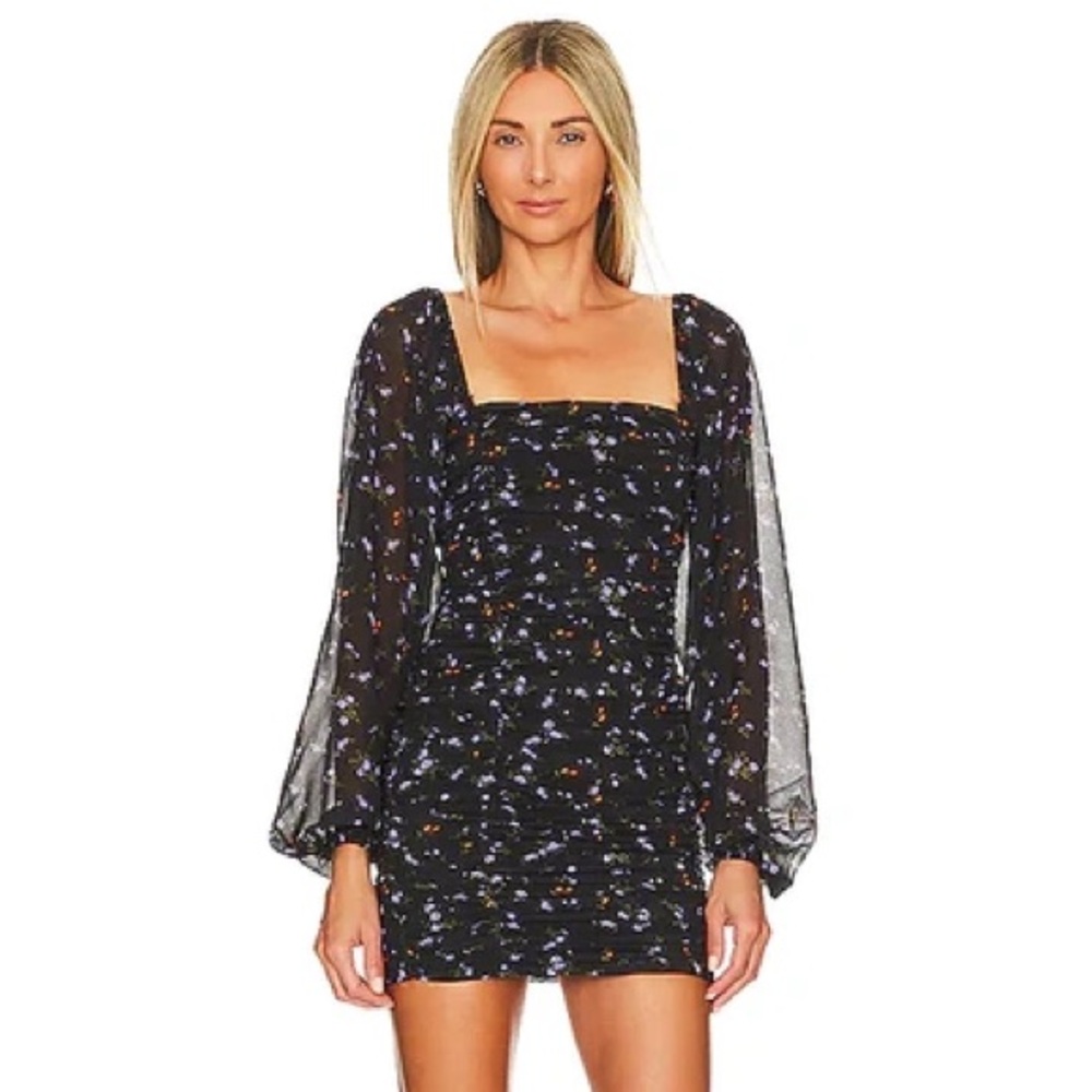 NWT Revolve Ruched long sleeve Mini Dress in Black Floral, size medium